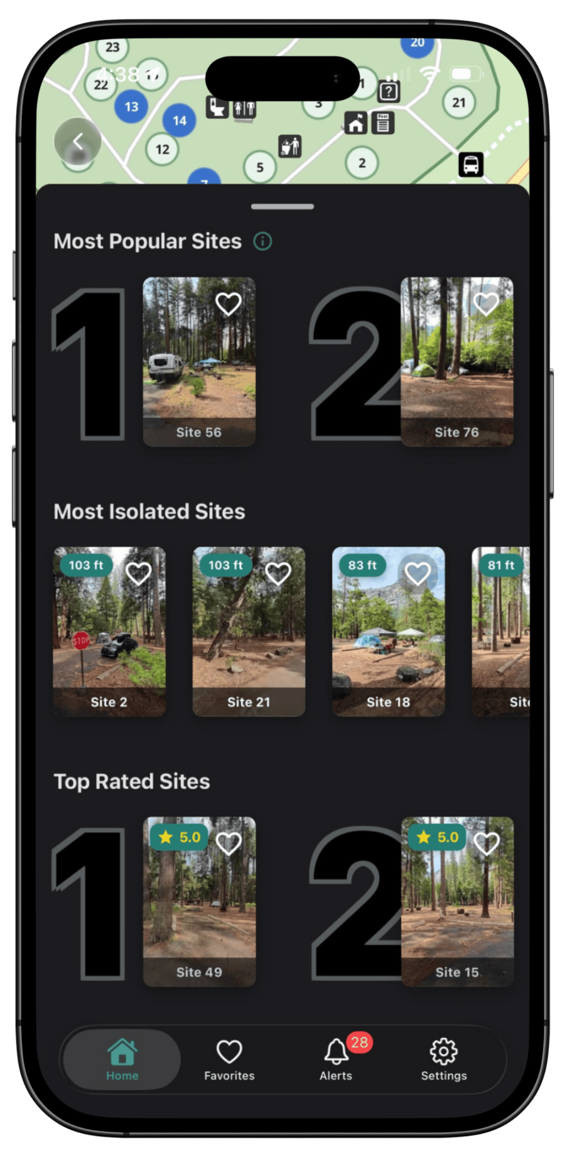 Most Popular, Most Isolated, and Top Rated campsite rankings