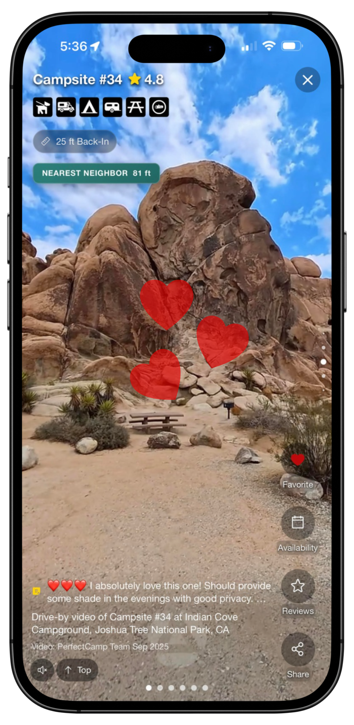 TikTok-style campsite swiper in the PerfectCamp Parks app