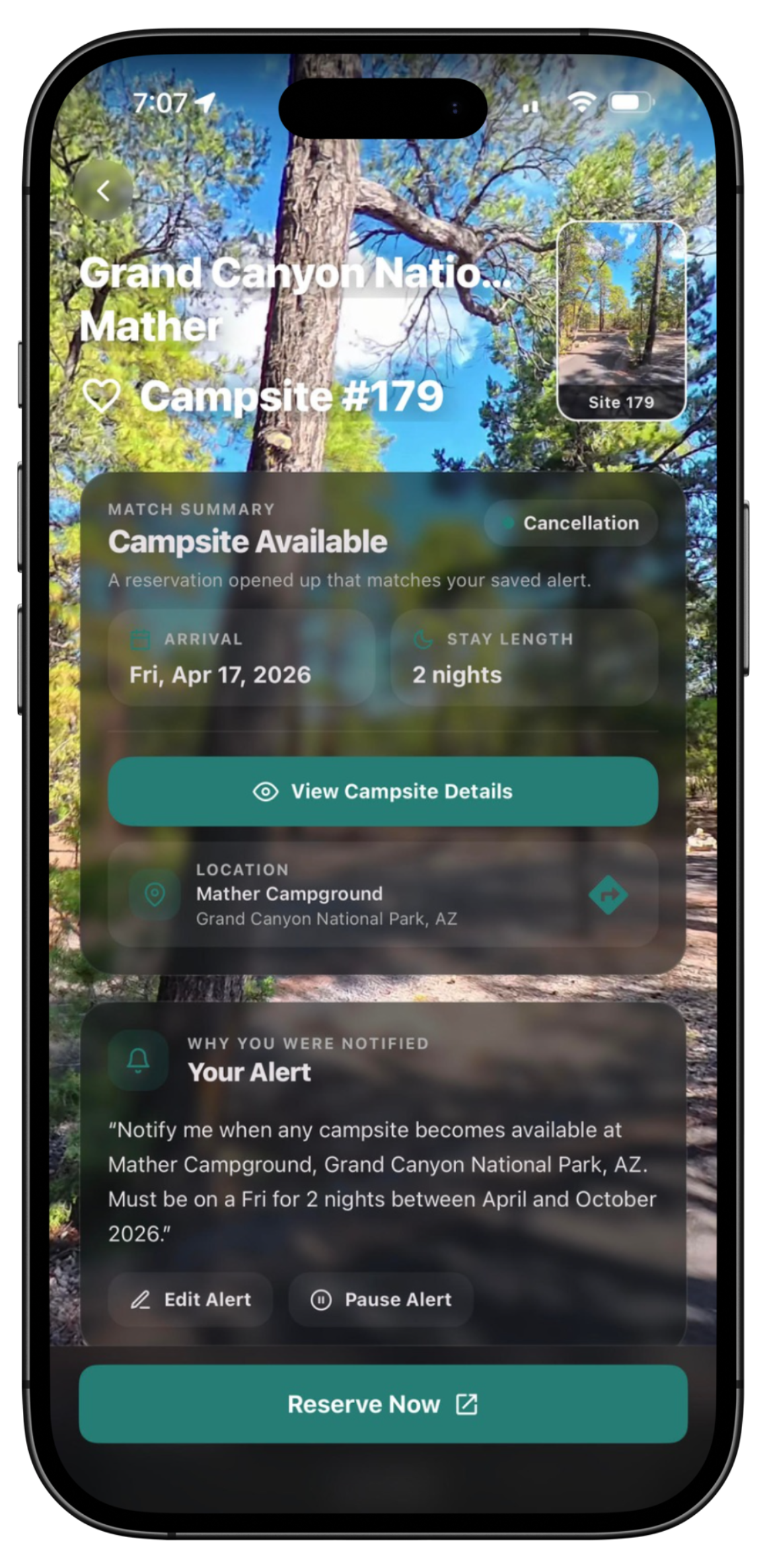 Push notification alert showing campsite availability in PerfectCamp Parks