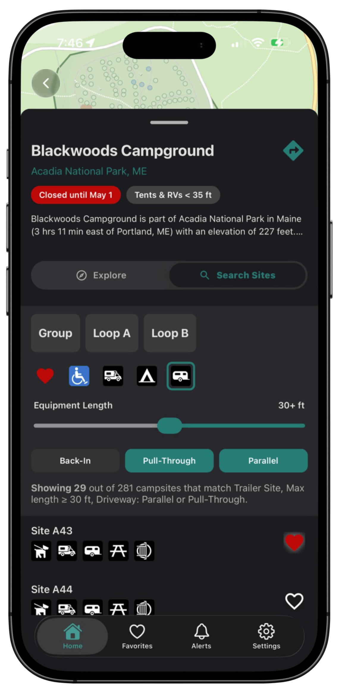 Smart campsite filters in the PerfectCamp Parks app