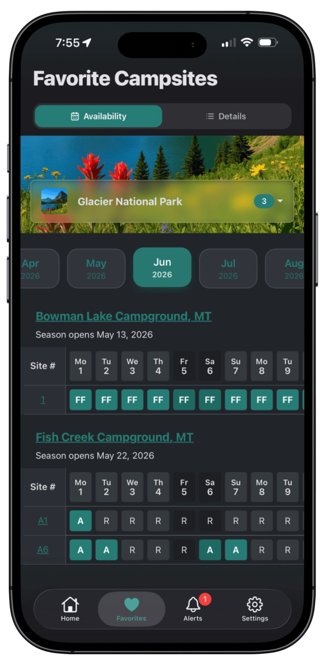 Favorite campsites availability calendar in the PerfectCamp Parks app
