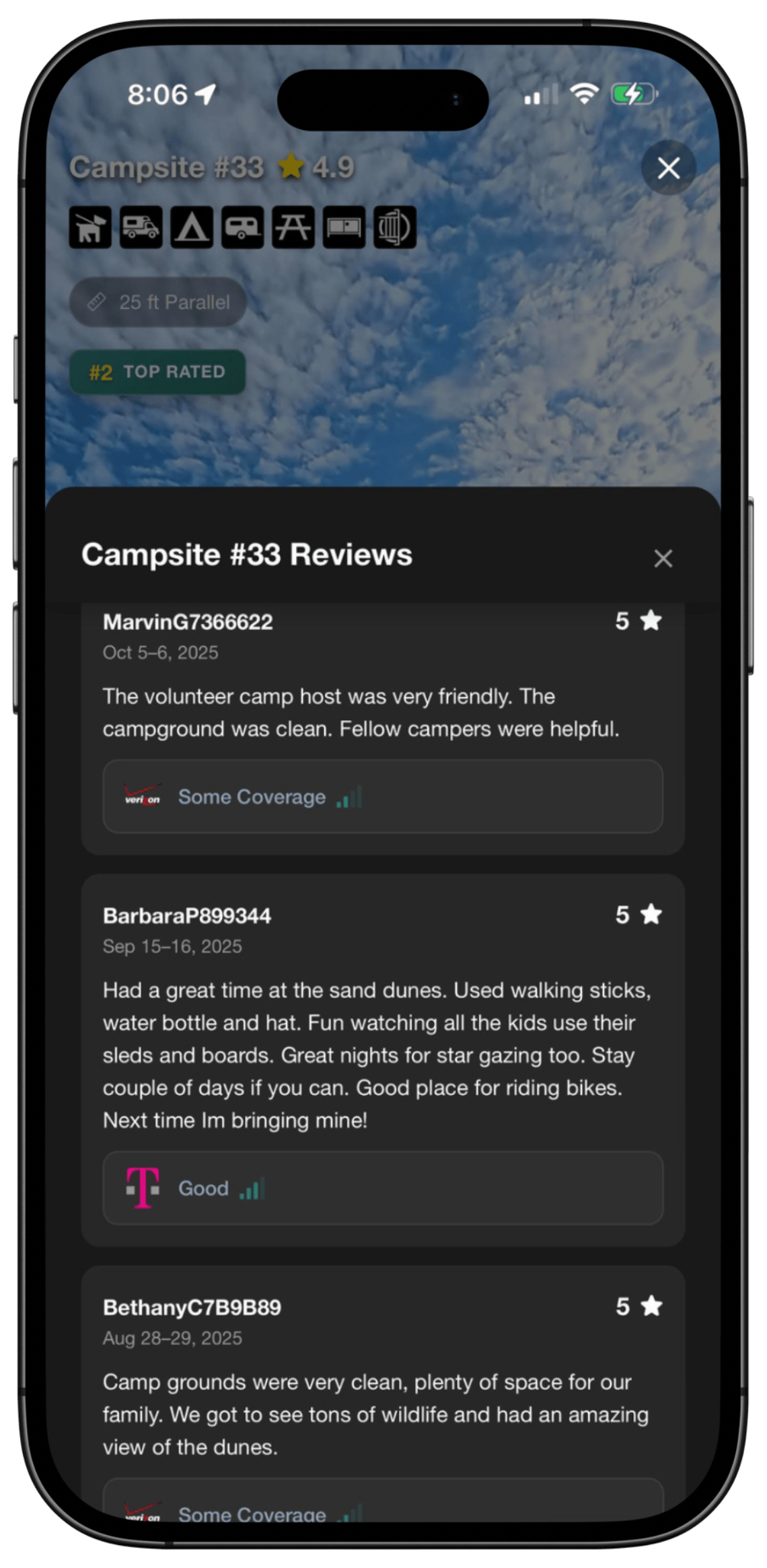 Campsite reviews with cell coverage data in the PerfectCamp Parks app