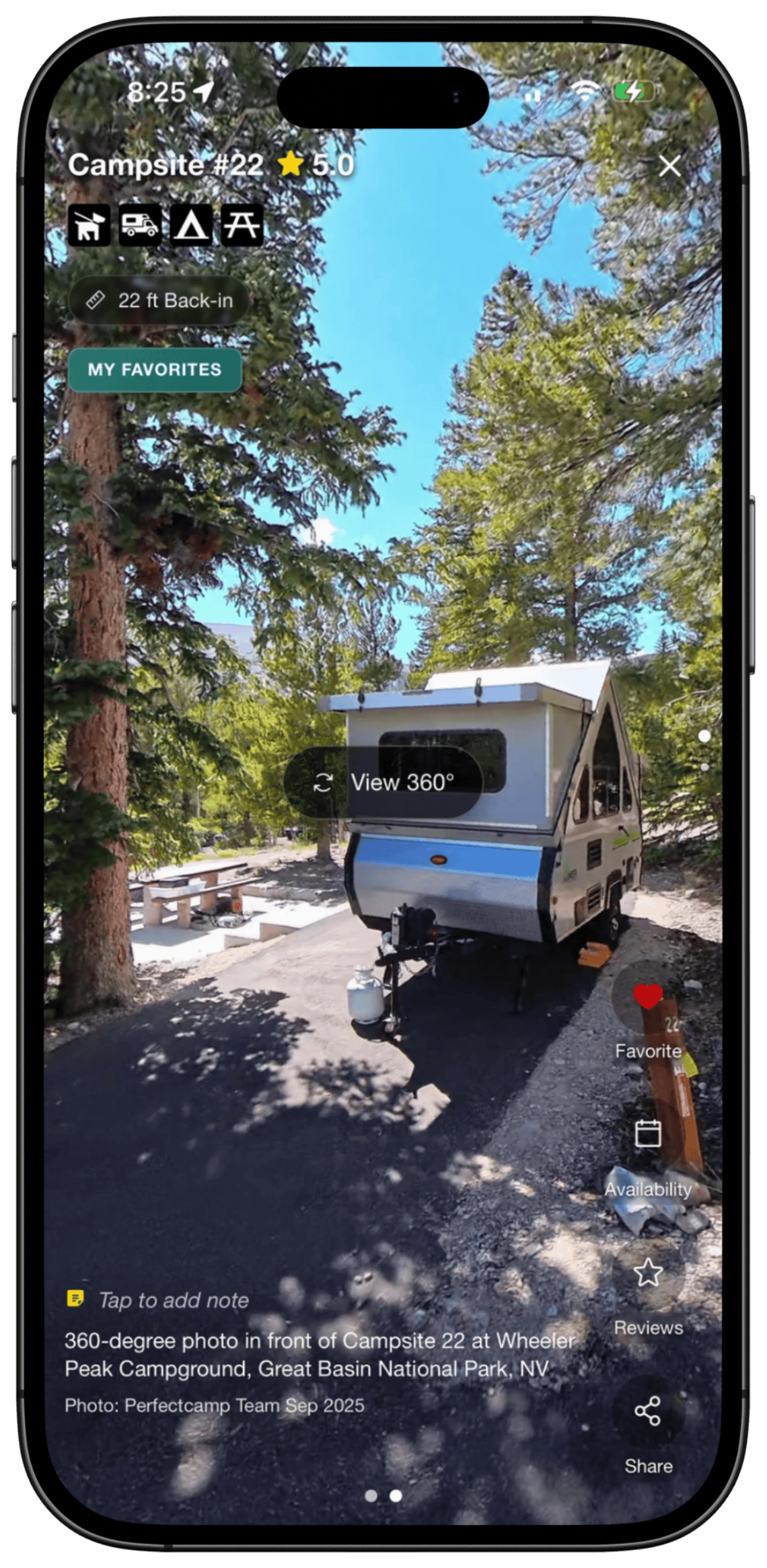 360-degree campsite photo in the PerfectCamp Parks app