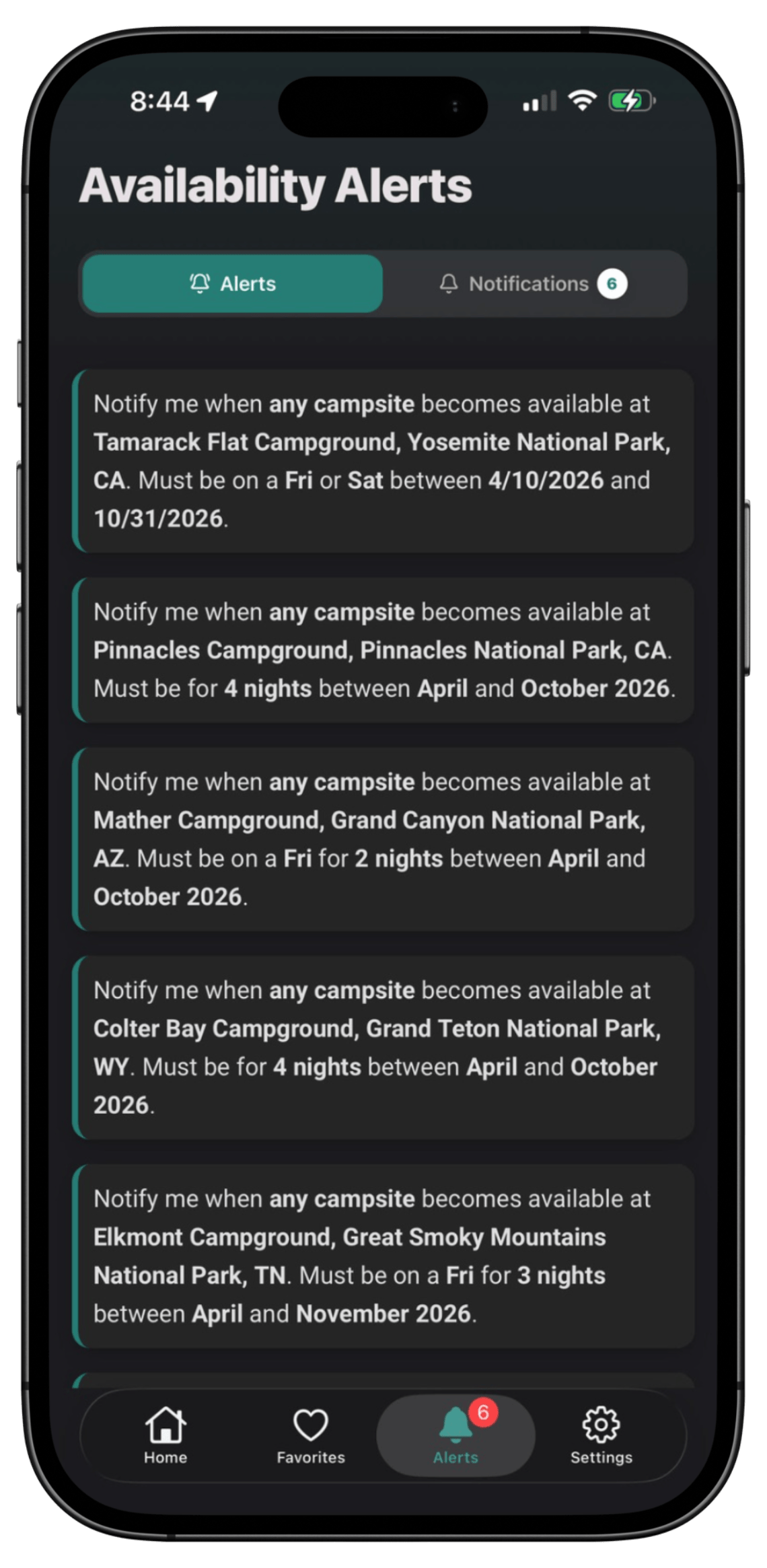 Availability alert notifications in the PerfectCamp Parks app