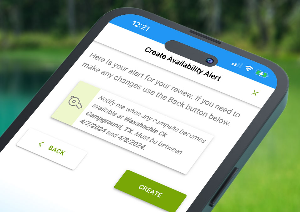 PerfectCamp create campsite availability alert on mobile device, notify via text message SMS when campsite becomes available